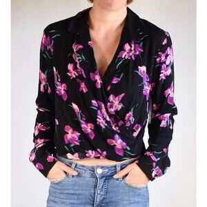 Free Press Women's Notch Collar Surplice Blouse In Floral Black Multi Size XS